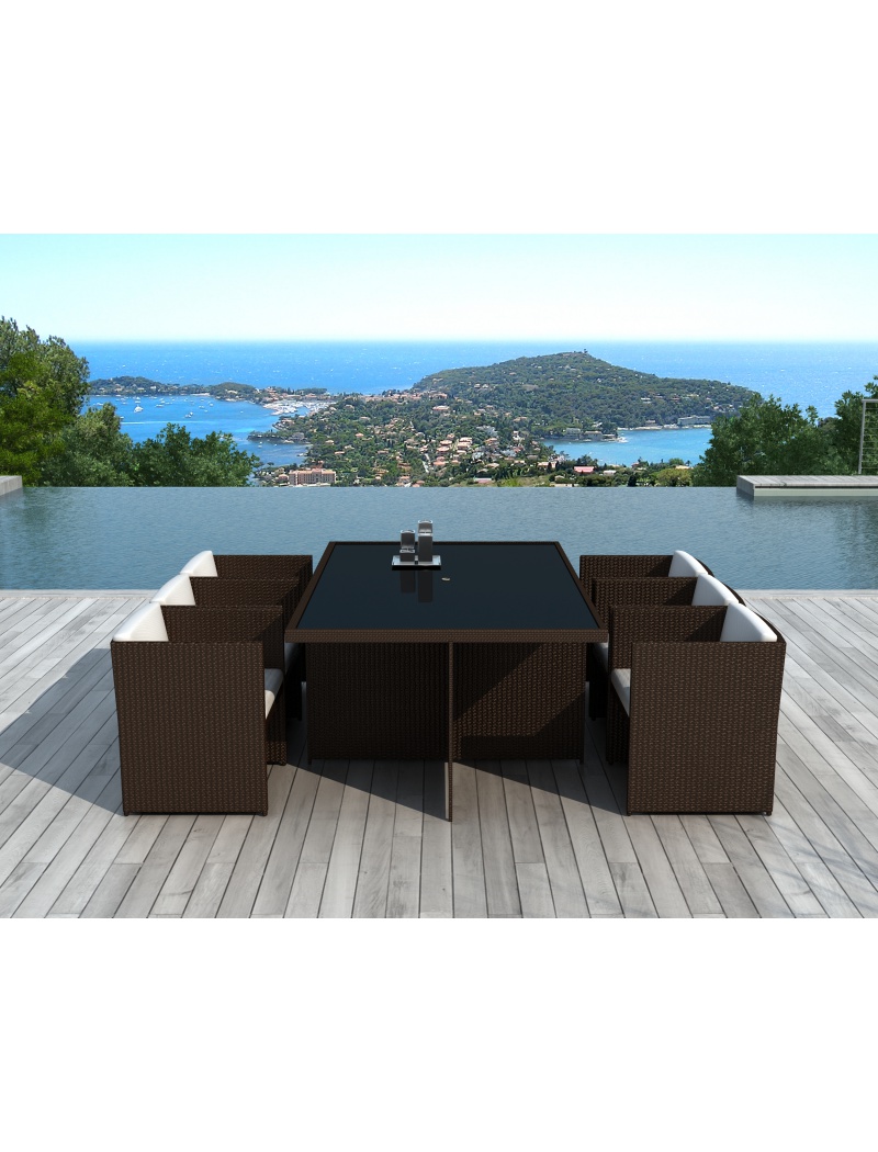 Delorm Table Sumatra résine tressée chocolat + 6 fauteuils