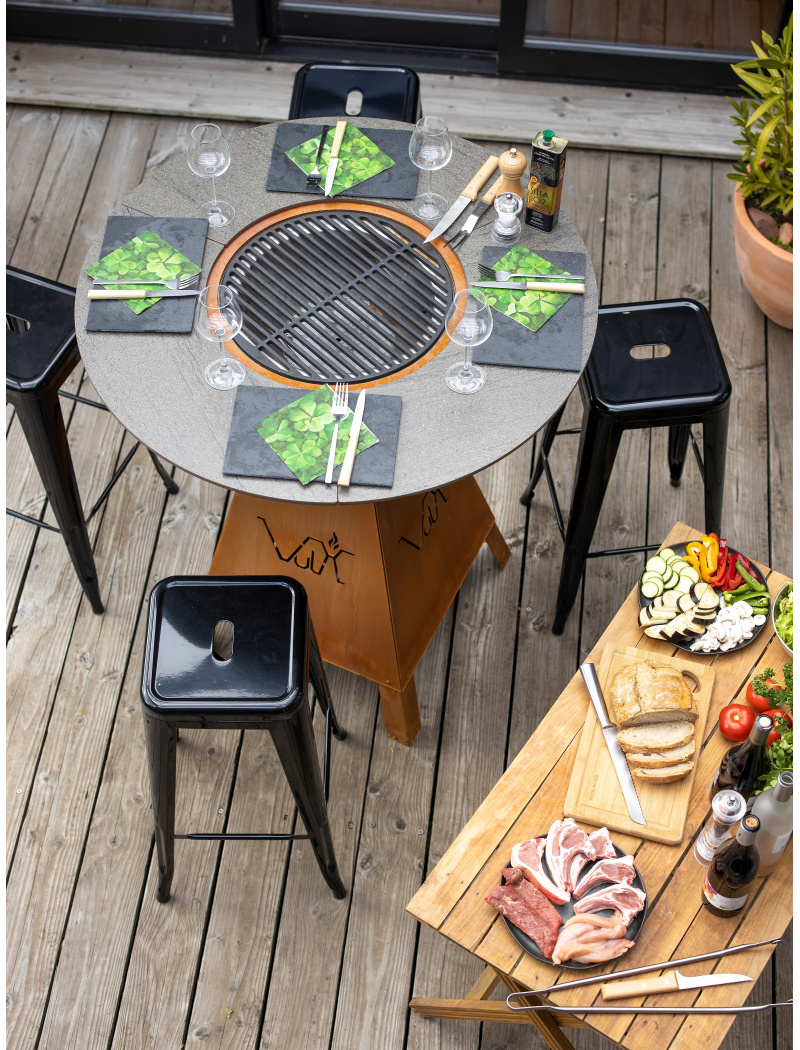 Table Brasero Plancha Fusion RONDE + PIED Ht 110 - CORTEN ou EPOXY VULX -  Barbecues charbon de bois - Jardin Concept