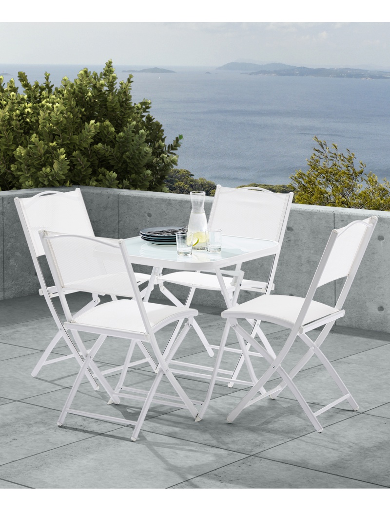 Wilsa Garden Table Terrasse blanche + 4 chaises